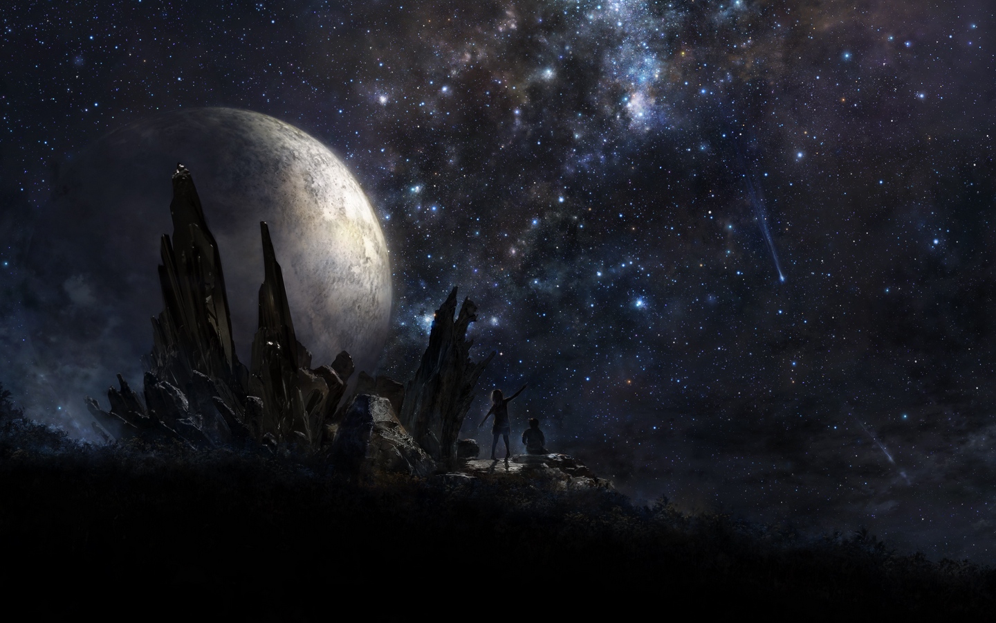 美丽宇宙繁星夜空流星人在星球表面大屏高清1440x900桌面壁纸