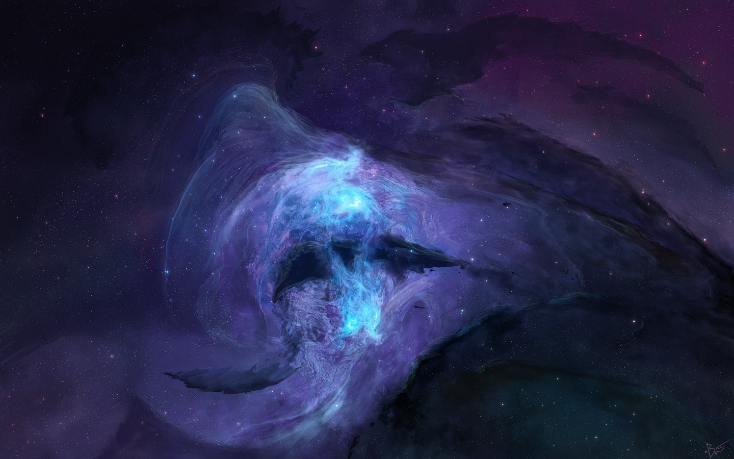 青色紫色迷幻星云夜空黑色星光宇宙大屏高清1440x900桌面壁纸
