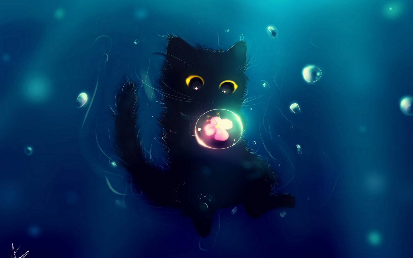 梦幻黑色卡通小猫抱着水泡中花朵大屏高清1440x900桌面壁纸