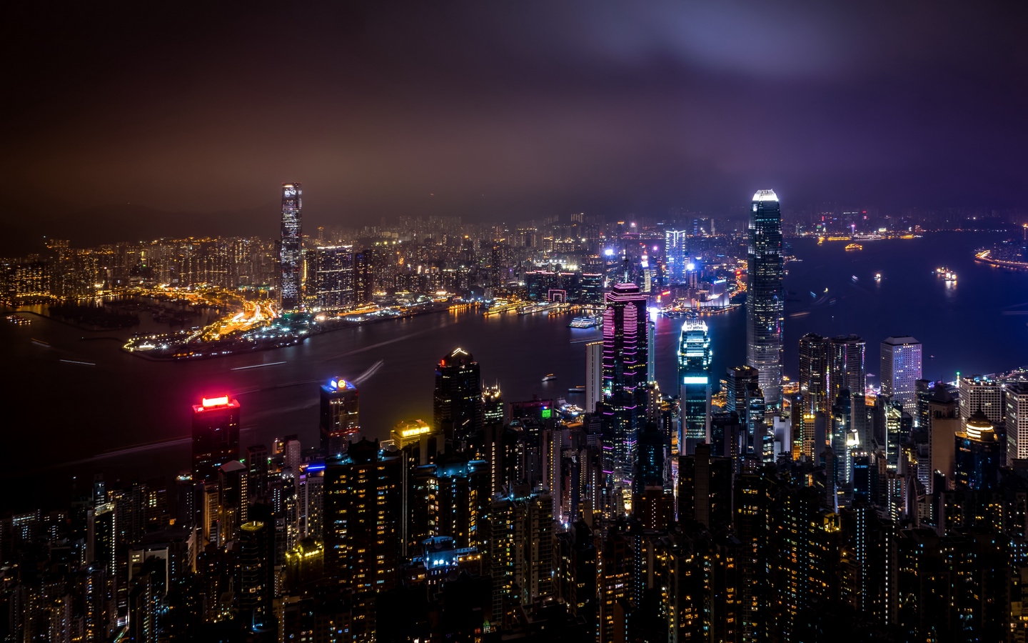 俯瞰河流城市香港夜景大屏高清1440x900桌面壁纸
